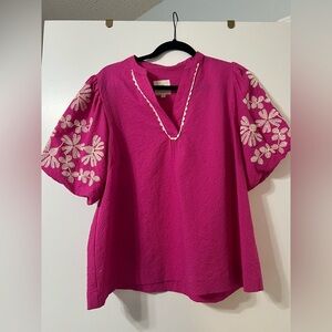 Umgee Magenta Blouse with Cream Floral Sleeves